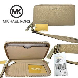 Michael Kors Jet Set Sig Leather Wallet LG Flat MF‎ Phone Case Oat 32T8TFDE4L